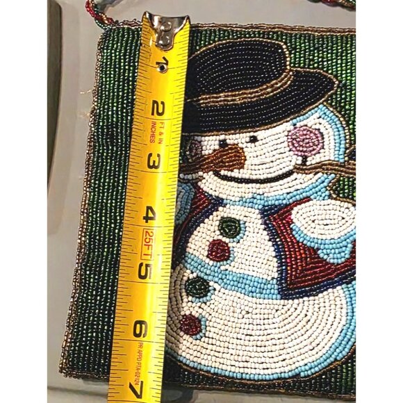 Purse Beaded Snowman Shoulder Bag Christmas Winter Green Red C. Marie 6x7" - Picture 10 of 11